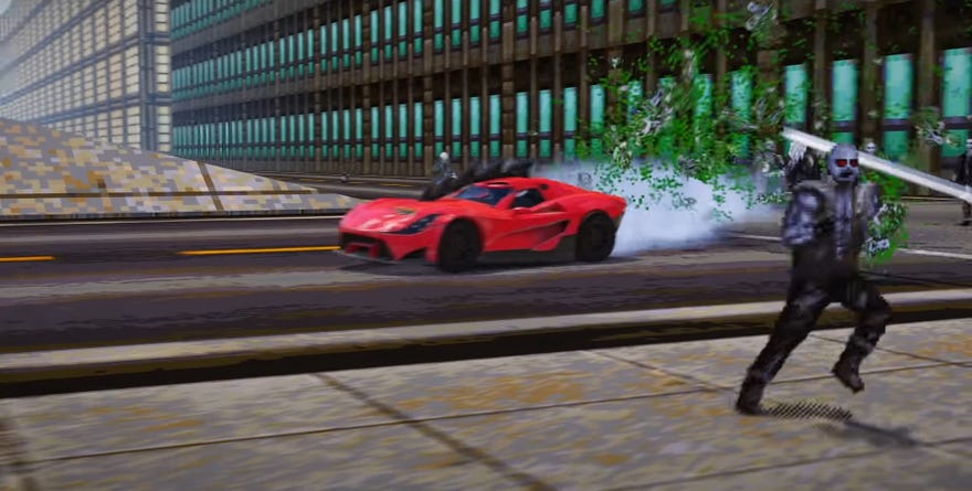 A screenshot of Wreckfest's Carmageddon update, showing pixelated zombies being burst into green puddles by an iconic red car.