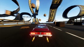 A red muscle car speeds towards a series of loop-the-loops in Wreckreation.