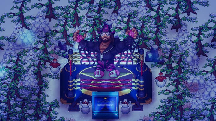 A WrestleQuest screen of a giant shrine to "Macho Man" Randy Savage in the middle of a forest