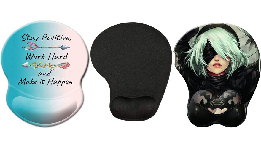 An assortment of mouse pads with gel wrist rests, including one with a picture of 2B from Nier Automata.