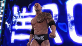 A screenshot of WWE 2k22 showing The Rock. You know it's him because his underpants say "The Rock" on them.