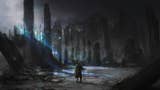 Wyrdsong concept art showing a person looking at a desolate and gloomy landscape. What looks like huge pillars of rock jut out from the ground, and a derelict building stands in the distance. Shattered stained glass windows cast the only colour in the art onto the ground in front of the figure.