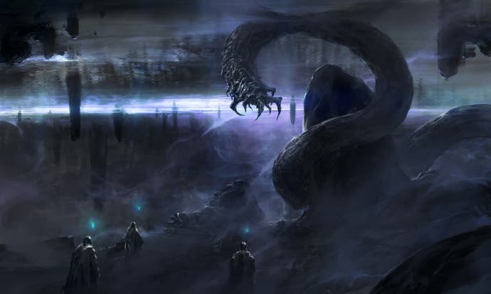 A dark image with figures trekking across a shrouded place, and there's a giant, snakelike statue - or silhouette - of a figure nearby.