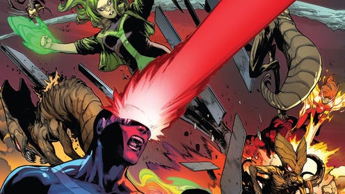 Cropped cover illustration featuring the X-Men in battle, with Cyclops up front