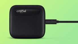 a crucial x6 portable ssd, shown on a coloured background