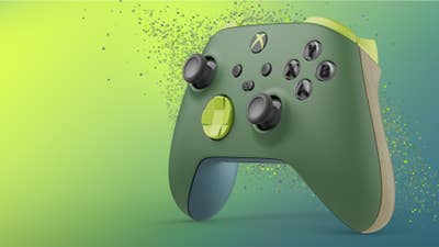 An image of a green Microsoft Xbox controller against a green gradient backdrop. Multicolored circles are surrounding the controller like pollen or dust