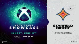 The Xbox logo in a green burst of light against a dark blue background announces the 2023 Xbox Games Showcase. On the other half of the image, the Starfield logo against a light grey background announces that Starfield Direct is due to take place immediately afterwards.