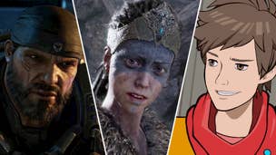 A trio of headshots: Marcus from Gears 5, Senua from Hellblade, and the main character from HiFi Rush.