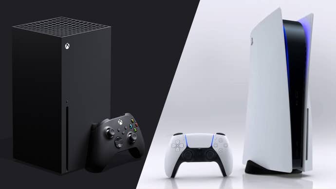 An Xbox Series X console next to a PS5.