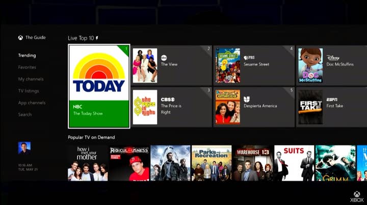 Teams A screen of the Xbox One dashboard highlighting TV programs like The Today Show, The View, and The Price is Right