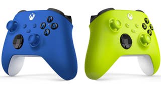 A shock blue and electric volt green Xbox wireless controller back to back