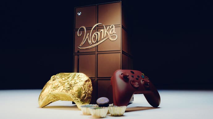 A chocolate bar-themed Xbox Series X and two controllers, one wrapped in gold foil and the opposite a brown colour