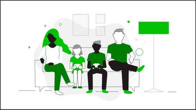 An illustration of a family (two adults, two children) sitting on a sofa. The two children are holding Xbox controllers