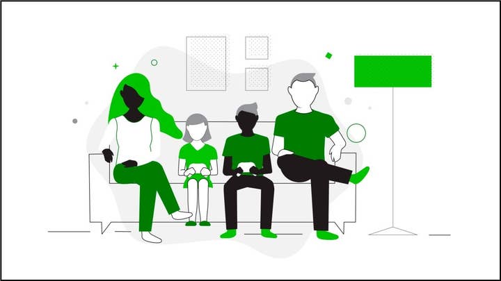 An illustration of a household (2 grownups, 2 kids) resting on a couch. The 2 kids are holding Xbox controllers