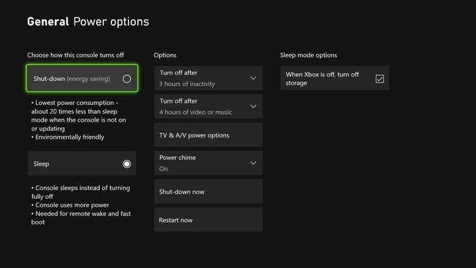Un menú de Xbox Series X que muestra las opciones de modo de encendido disponibles