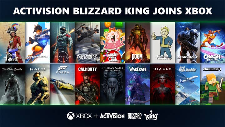 A collage of box art for Activision Blizzard and Microsoft titles with the line 