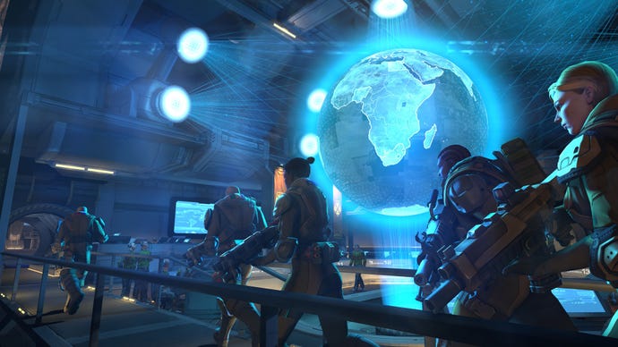Soldiers walk across a gangway in front of a blue globe in the HQ of XCOM: Enemy Unknown