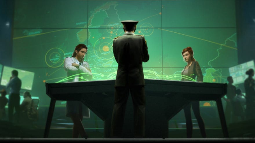A general stands in front of a table in a war room in Xenonauts 2