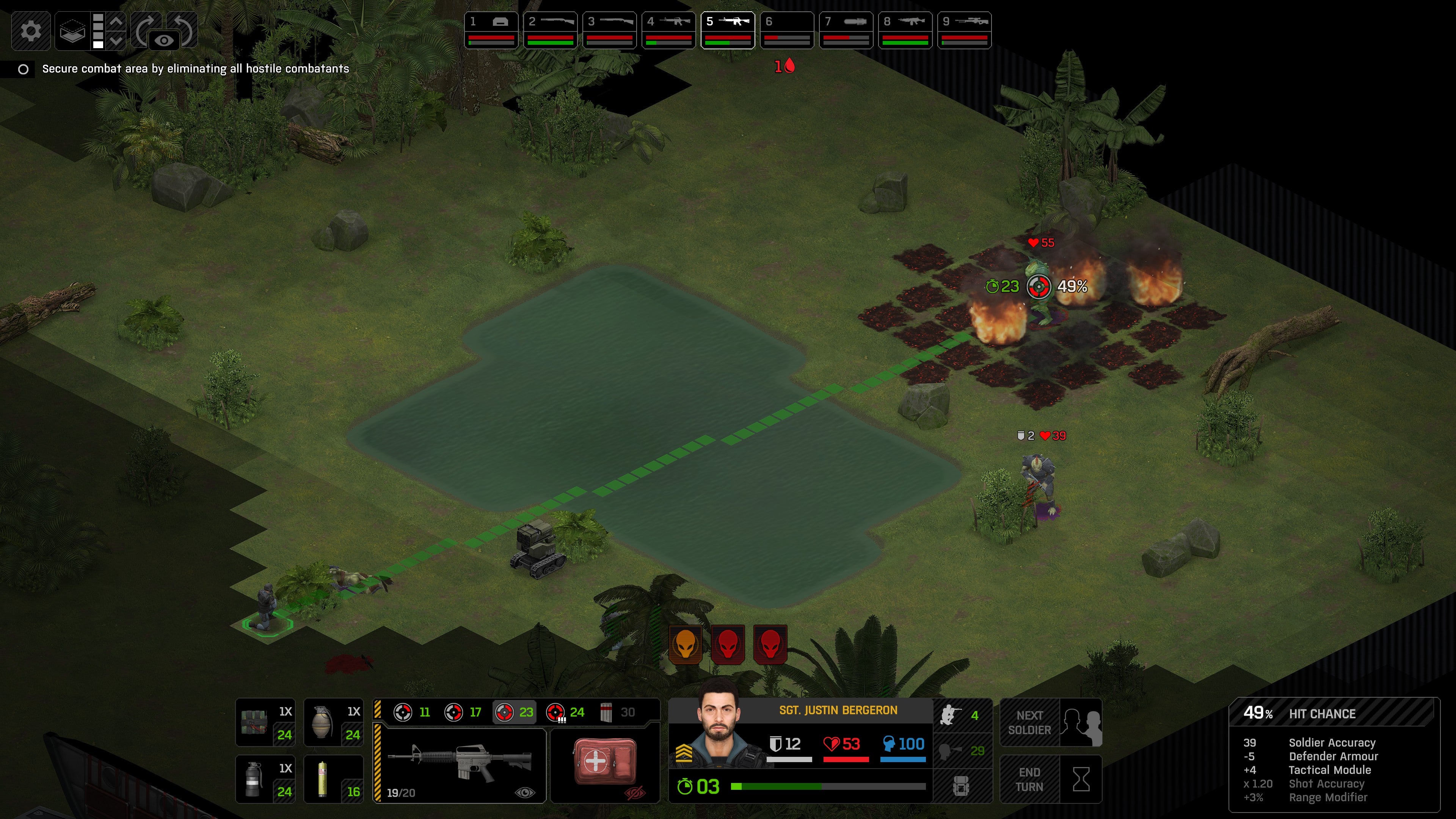 A soldier prepares to shoot an alien across a lake in the jungle in Xenonauts 2