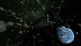 X3: Farnham’s Legacy screenshot, showing a long, dark spaceship in an asteroid field, with a planet in the background