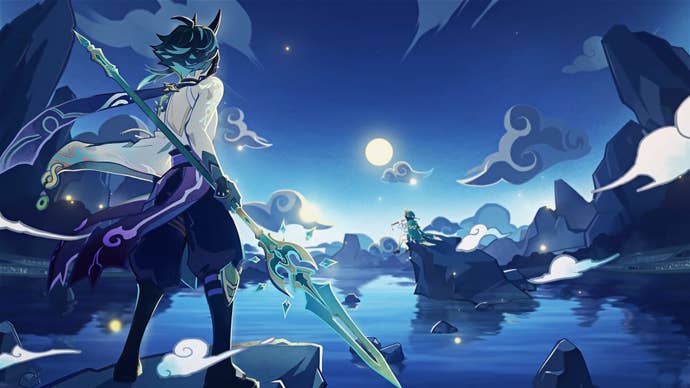 Xiao and Venti looking over the ocean in Genshin Impact.