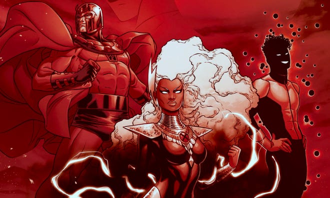 Illustration of Magneto, Storm on a throne, and Nightcrawler, looking forward