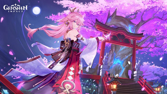 Promotional art of Yae Miko from Genshin Impact, who is standing beneath the Grand Narukami Shrine.