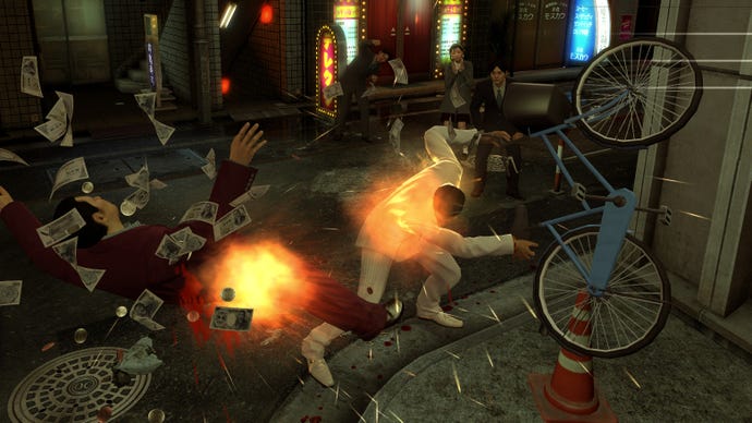 Kiryu smashes a man with a bicycle in a Yakuza 0 screenshot.