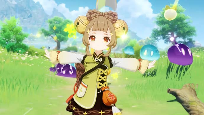 Genshin Impact Yaoyao build: An anime girl with a light green vest and brown hair in pigtails is running along a grass path with her hands held out to both sides. Large colored blobs are following behind her