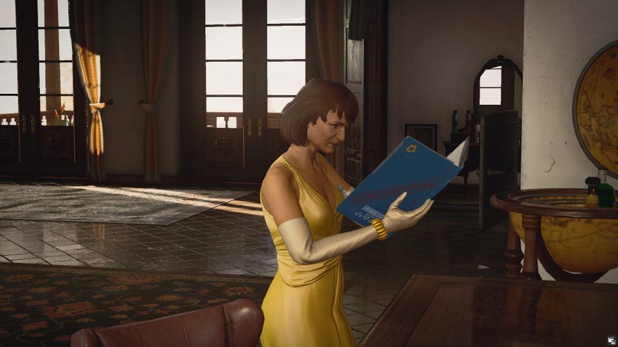 Don Yates' wife looks at an incriminating file in shock in Hitman 3's Domestic Disturbance challenge.