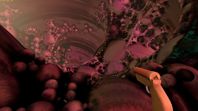 A screenshot of Yedoma Globula, a first-person spelunking game about exploring an infinite fractal world made of smooth globes.