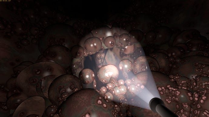 A screenshot of Yedoma Globula, a first-person spelunking game about exploring an infinite fractal world made of smooth globes.