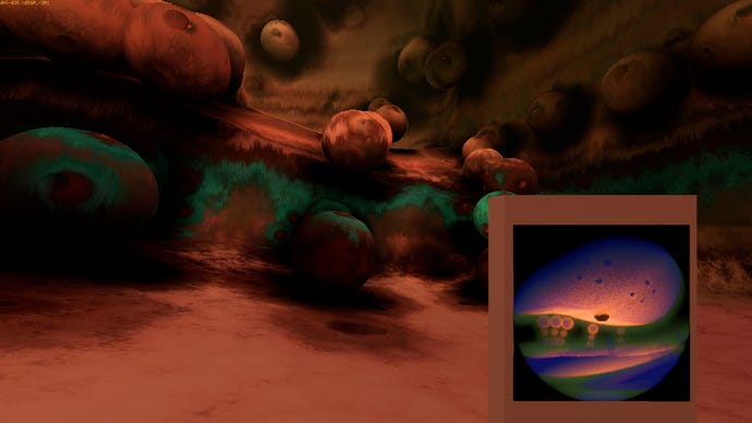 A screenshot of Yedoma Globula, a first-person spelunking game about exploring an infinite fractal world made of smooth globes.