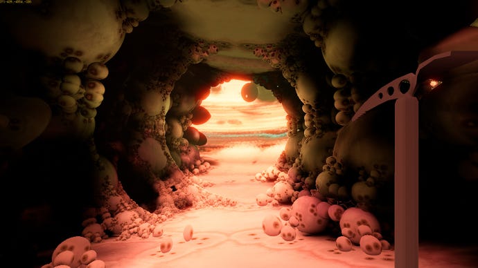 A screenshot of Yedoma Globula, a first-person spelunking game about exploring an infinite fractal world made of smooth globes.