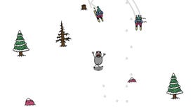 An abominable snowman chases skiers in a Yetti Upsetti screenshot.