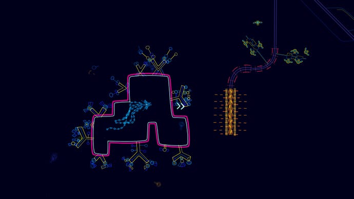 A screenshot of an angular pink shape on a dark background, inside of which is a snake waiting to jump out at a yellow barrier in Ynglet