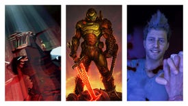 Three images. The first shows a horned reaper from Dungeon Keeper staring upwards. The second shows the Doom Slayer from Doom Eternal standing menacingly. The third shows actual psychopath Jason Brody from Far Cry 3.