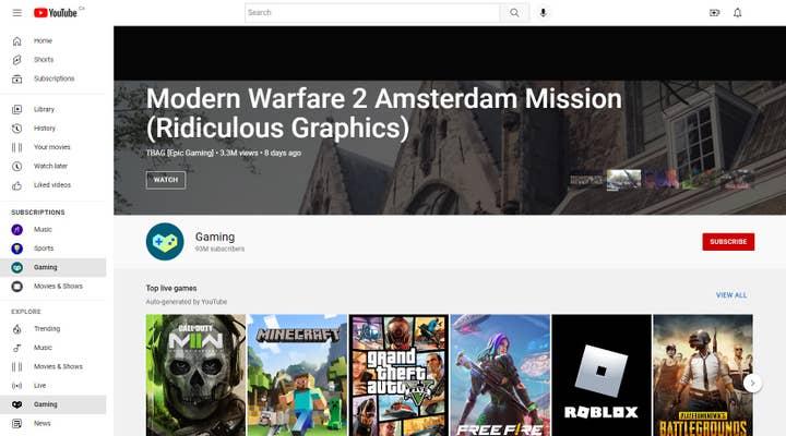 screenshot of YouTube Gaming home page