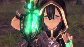 A screenshot of Ys IX: Monstrum Nox in which a hooded woman, rendered in an anime art style, is frowning and holding up a glowing object.