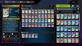 Yu-Gi-Oh Master Duel Card Crafting screen in the deck customisation menu. Shows all of the cards in the player's deck in the middle, with their full list of owned cards on the right