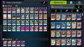 Yu-Gi-Oh Master Duel deck customisation screen with deck cards on the left and owned cards on the right