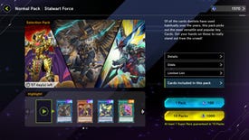 Yu-Gi-Oh Master Duel card packs store page, showing popular cards that you can pull and how much a pack costs