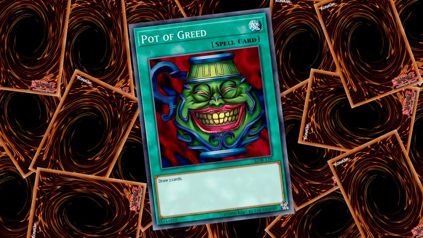 Yu-Gi-Oh! card Pot of Greed on top of a background of overlaid Yu-Gi-Oh! card backs