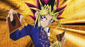 Yu-Gi-Oh! hero Yugi prepares to play a card in artwork for the anime series
