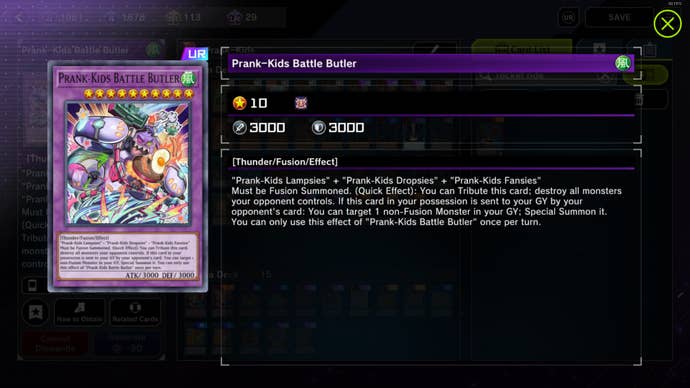 Prank-Kids Battle Butler card with the text "'Prank-Kids Lampsies' + 'Prank-Kids Dropsies' + 'Prank-Kids Fansies' Must be Fusion Summoned. (Quick Effect): You can Tribute this card; destroy all monsters your opponent controls. If this card in your possession is sent to your GY by your opponent's card: You can target 1 non-Fusion Monster in your GY; Special Summon it. You can only use this effect of 'Prank-Kids Battle Butler' once per turn."
