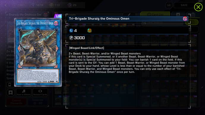 Tri-Brigade Shuraig the Ominous Omen card with the text "If this card is Special Summoned, or if another Beast, Beast-Warrior, or Winged Beast monster(s) is Special Summoned to your field: You can banish 1 card on the field. If this card is sent to the GY: You can add 1 Beast, Beast-Warrior, or Winged Beast monster from your Deck to your hand, whose Level is less than or equal to the number of your banished Beast, Beast-Warrior, and Winged Beast monsters. You can only use each effect of 'Tri-Brigade Shuraig the Ominous Omen' once per turn."