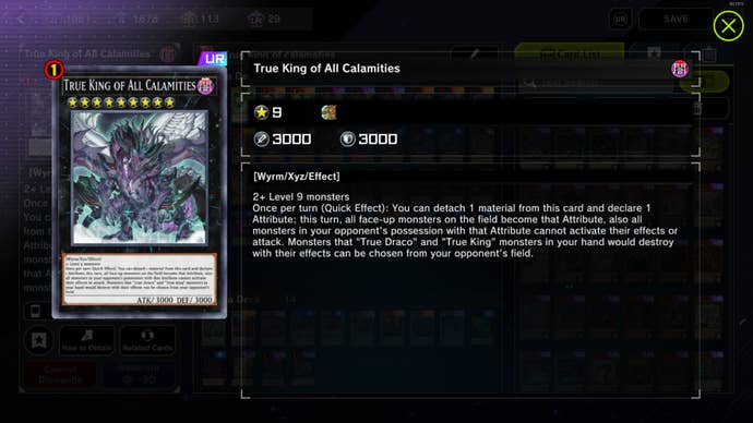 True King of All Calamities card with the text "Once per turn (Quick Effect): You can detach 1 material from this card and declare 1 Attribute; this turn, all face-up monsters on the field become that Attribute, also all monsters in your opponent's possession with that Attribute cannot activate their effects or attack. Monsters that 'True Draco' and 'True King' monsters in your hand would destroy with their effects can be chosen from your opponent's field."