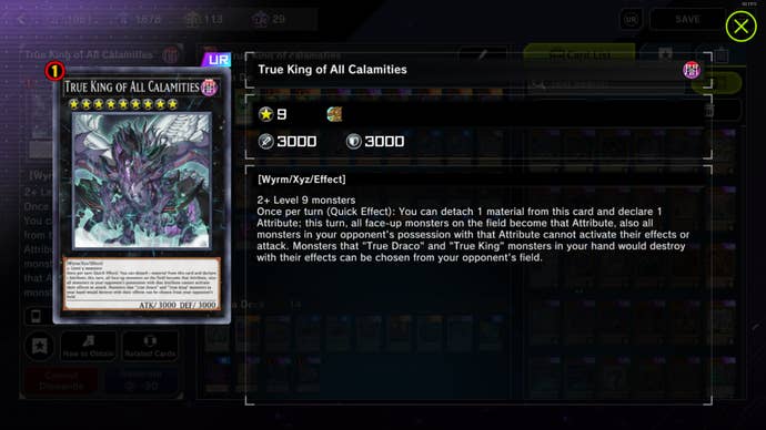 True King of All Calamities card with the text "Once per turn (Quick Effect): You can detach 1 material from this card and declare 1 Attribute; this turn, all face-up monsters on the field become that Attribute, also all monsters in your opponent's possession with that Attribute cannot activate their effects or attack. Monsters that 'True Draco' and 'True King' monsters in your hand would destroy with their effects can be chosen from your opponent's field."