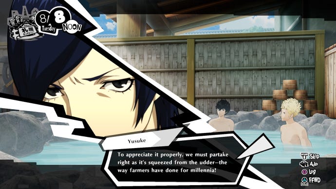 Persona 5 Strikers' Yusuke says 'To appreciate it properly, we must partake right as it's squeezed from the udder - the way farmers have done for millenia!' in the hot tub.