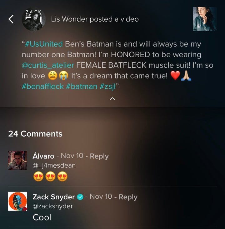 Zack Snyder responds to Lis.Wonder on Batman suit: "cool"